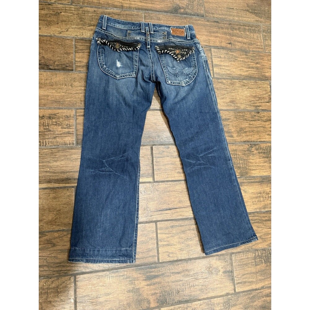 Men's Robins Jeans D5075 Leather Studded Stones Wings Straight Leg Sz 34